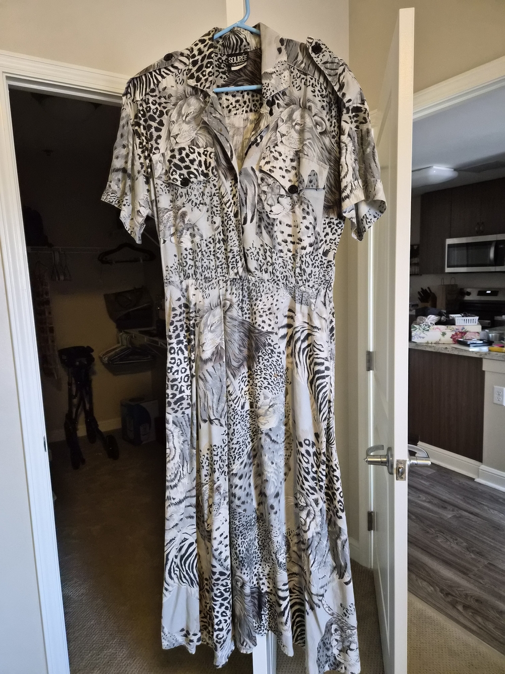 Safari Animal Print Button-Front Souree California Midi Dress Black White Grey
